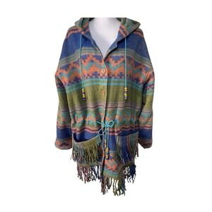 VTG JouJou Aztec Fringe Beaded Jacket Wool Blend Hooded Size XL?